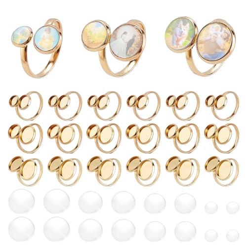 PH PandaHall 18K Gold plattiert Ring Rohlinge 18pcs 3 Größen Ring Bases Offene Manschette Blank Ringe 304 Edelstahl flache runde Ring Lünette Tabletts mit 36pcs Glas Cabochonsfür Schmuckherstellung von PH PandaHall