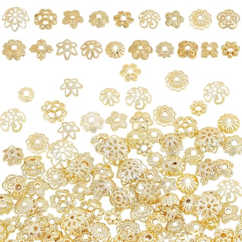 PH PandaHall 190 Stück 19 Stile Blumen-Abstandshalter Perlenkappen, Messing-Perlenkappen-Abstandshalter, runde Blumen-Becher-Perlen, hohle Blütenblätter, Abstandshalter für Schmuck, Armband, Halskette von PH PandaHall