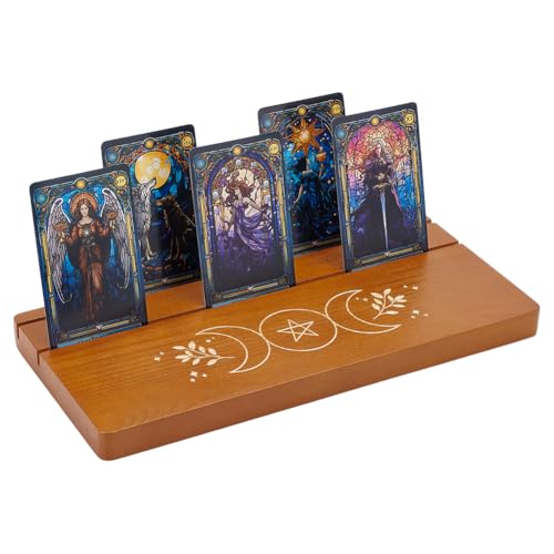 PH PandaHall 2 Fächer Tarotkartenhalter aus Holz Kartenständer mit Mondphasenmuster Tarotkartenspielhalter Rechteckiger Orakelkartenständer für Lenormand-Hexenwahrsagerei Geschenk 28 x 13 x 1,8 cm von PH PandaHall