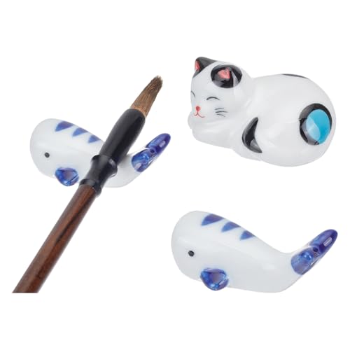 PH PandaHall 2 Pinselhalter Katze Keramik Stifthalter für Aquarellpinsel und Chinesische Kalligraphie Pinselablage Briefbeschwerer Für Den Schreibtisch 4.7~5.6cm von PH PandaHall