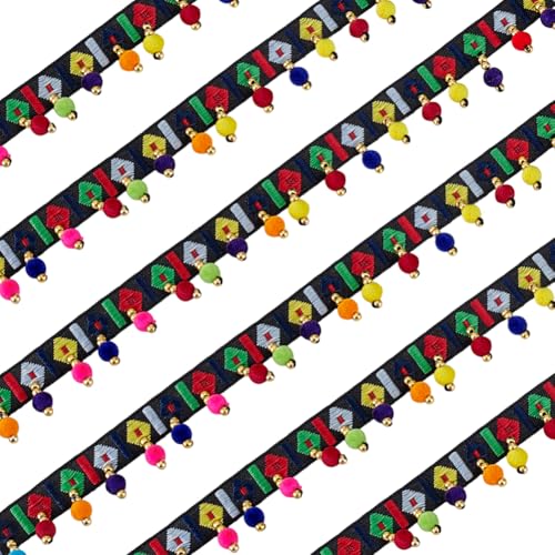 PH PandaHall 2 Yards Böhmische Tassel Borte 23mm Vintage Jacquard Polyesterband Mit Pom Pom Spitzenband Für Nähcrafts Heimdecor Vorhang Kissen Teppich Zubehör Schwarz von PH PandaHall