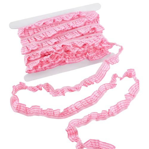 PH PandaHall 20 Yards Gingham elastischer Rand, rosa Rüschenborte, 1,9 cm breit, plissiertes Spitzenband, kariert, Stretch-Besatz, kariert, Stoffrandborten für DIY, Handwerk, Nähen, Kleid, Kleidung von PH PandaHall
