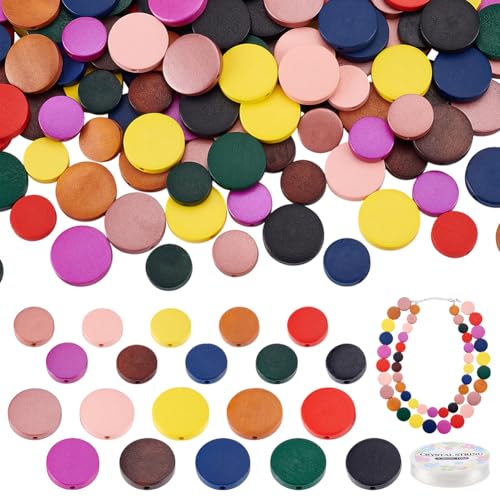 PH PandaHall 200 Stück 10 Farben Flache Holzperlen 15mm /20mm Runde Holzmünzen Holzabstandshalter Für Die Herstellung Afrikanischer Halsketten Und Schmuck Mit 10 m Elastischem Faden von PH PandaHall