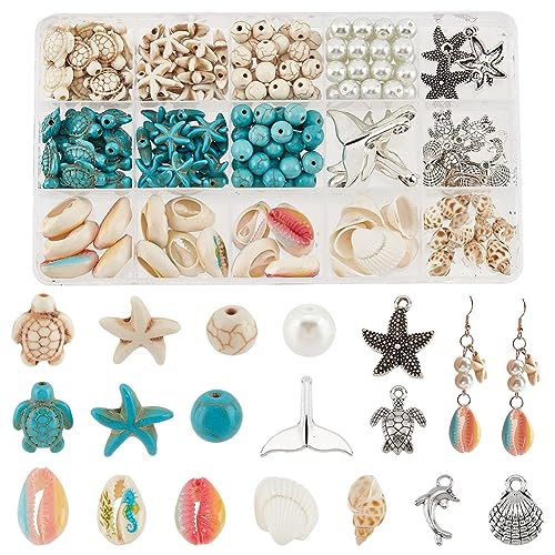 PH PandaHall 208 Stück 15 Stile Sommer Strand Perlen Muschel Perlen Seestern Anhänger Schildkröte Charms Ozean Tier Abstandsperlen Für Armbänder DIY Schmuckherstellung Heimdekoration Makramee von PH PandaHall