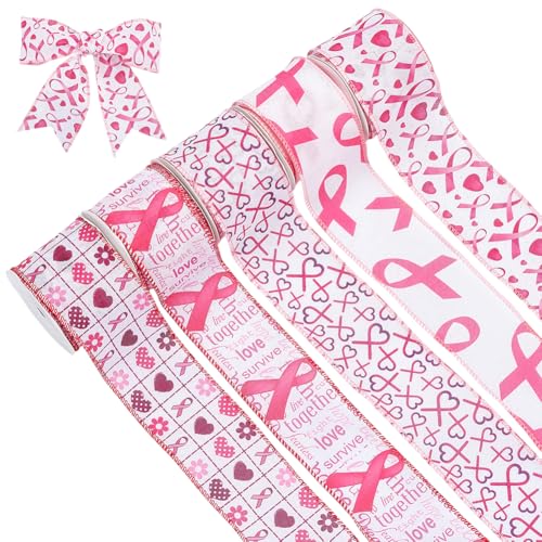 PH PandaHall 22.85m Awareness Schleifenband 5 Stile Brustkrebs Bewusstseinsbänder 63mm Bewusstseinsband Für Frauen Bewusstsein Valentinstag Party Schleifen Dekor, Rosa und Weiß von PH PandaHall
