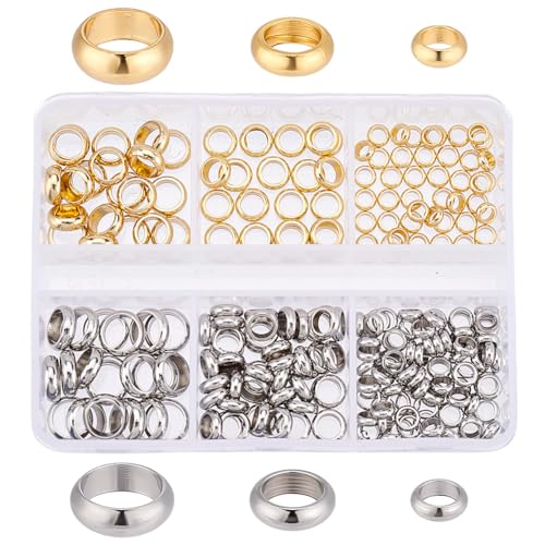 PH PandaHall 220 Stück 6 Stile Abstandsperlen Mit Großem Loch Edelstahl Glatte Runde Abstandsperlen Flache Runde Donut Metallperlen Für Schmuck Armbänder Halsketten von PH PandaHall