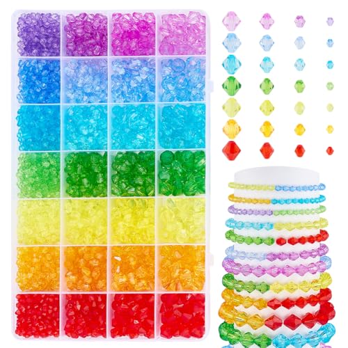 PH PandaHall 2310 Stück Kristallperlen 4 mm, 6 mm, 8 mm, 10 mm Acryl-Facettenperlen mit doppelter Kegelform Transparente lose Perlen für Armbändern, Halsketten, Ohrringen, DIY-Kunsthandwerk, 7 Farben von PH PandaHall