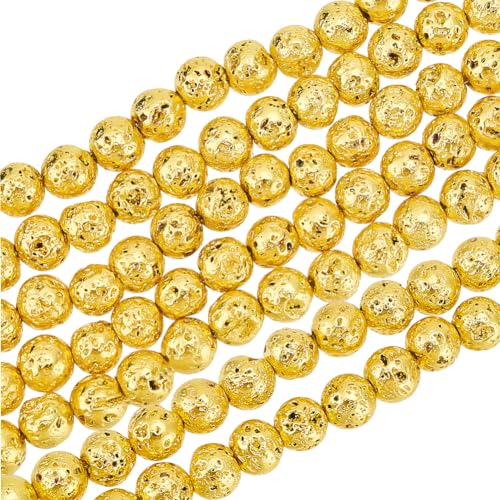 PH PandaHall 235 Stück (5 Stränge) 8 mm natürliche LavaPerlen Gold LavaStein Perlen Chakra Perlen Runde Lose Perlen Lava Perlen Energie Perlen Gold Edelstein Perlen Bulk Lava Perlen für die von PH PandaHall