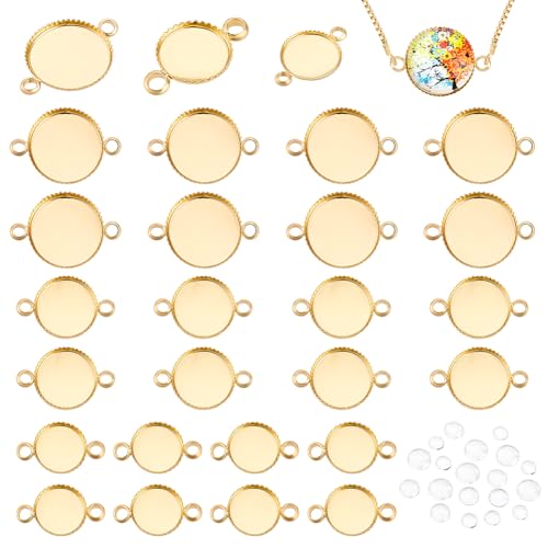 PH PandaHall 24 Sätze 14K Gold Blanko-Anhänger Messing Runde Foto Charms Connector Anhänger Basis Link Trays Einstellung mit Glas Cabochon Kuppel für Hochzeit Kamee Foto Schmuck mache（8/10/12mm) von PH PandaHall