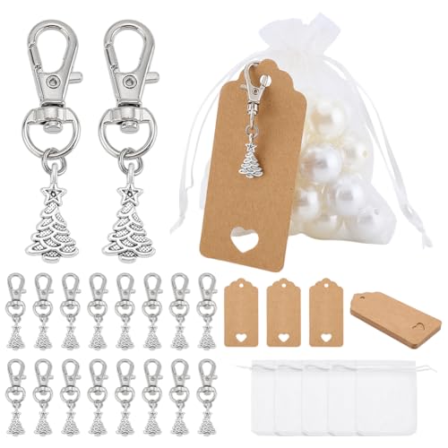 PH PandaHall 24 Sets Baum Schlüsselbund Gunst Weihnachtsbaum Schlüsselbund Tasche Organza-Geschenk-Taschen Party Gefälligkeiten Kleine Mesh-Beutel mit leeren Tags für Hochzeit Geschenk Ornamente von PH PandaHall