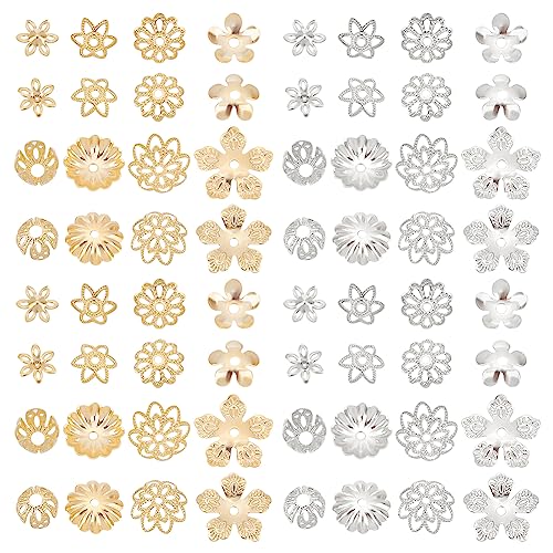 PH PandaHall 24K Vergoldete Blumenperlenkappen 64 Stück 8 Formen Blumen Endkappe Messing Multi Blütenblatt Perlenkappe Bails End Charm Caps Spacer Perlen Für Ohrring Armband Halskette Schmuck von PH PandaHall