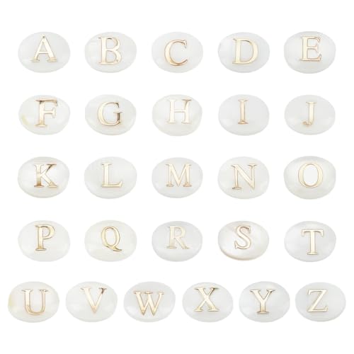 PH PandaHall 26 Stück Oval Muschel Perlen, 8x6.5mm Alphabet A-Z Buchstabe Perlen Natürliche Süßwassermuschel Abstandshalter Perle Gold Anfangsbuchstabe Perle für DIY Armband Halskette Ohrring, weiß von PH PandaHall