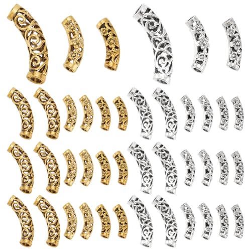 PH PandaHall 3 Stile 48pcs Gebogene Röhrenperlen Antikes Silber hohle Nudel Perlen Metall tibetische Perlen Tube Abstandshalter Perlen für Schmuck Halskette Armband Bohrung: 2.5-4mm von PH PandaHall