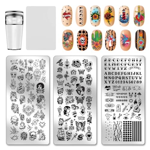 PH PandaHall 3 Stück Old School Nagel-Stempelplatten Retro Floral Skull Nagelkunst Templates Alphabet Zahl Maniküre Kunst Stencils Gothic Themed Nagel Design Stempel für Frauen Maniküre Salon Druck PH PandaHall 3 Stück Old School Nagel-Stempelplatten Retro Floral Skull Nagelkunst Templates Alphabet Zahl Maniküre Kunst Stencils Gothic Themed Nagel Design Stempel für Frauen Maniküre Salon Druck von PH PandaHall