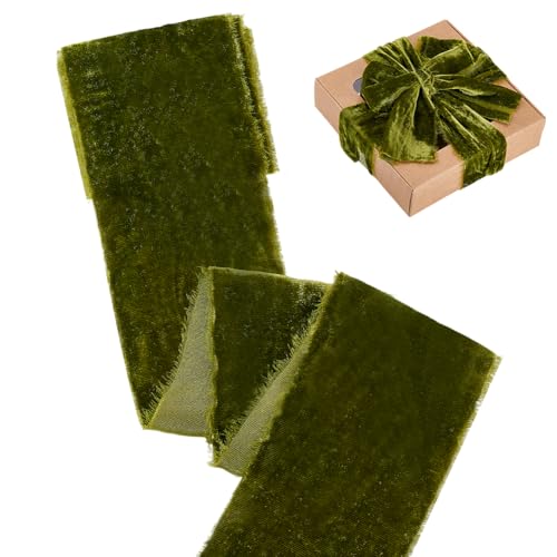 PH PandaHall 3 Yards Samtband 7.5cm Rohbänder Rustikaler Stil Fransen Geschenkband Ausgefranstes Boho Band Für Hochzeit Brautstrauß Geschenkverpackung Party Dekoration Olivgrün von PH PandaHall