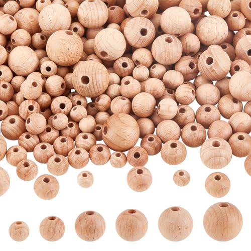 PH PandaHall 300 Stück 6 Größen Natürliche Holzperlen 8/10/12/15/16/18 mm Runde Buchenholzperlen Große Loch Holzperlen Holz Abstandsperlen Lose Runde Kugelperlen Für DIY Handwerk von PH PandaHall