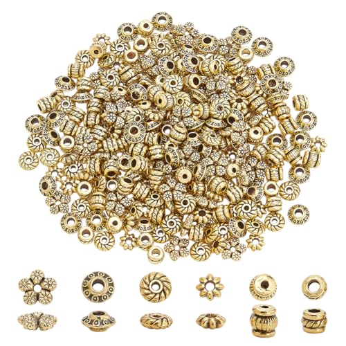 PH PandaHall 300 Stück Tibetische Abstandsperlen 6 Stil Antike Goldene Abstandshalter Aus Legiertem Metall Röhrenperlen Blume Flache Rondelle Lose Perlen Für DIY Schmuckherstellungszubehör von PH PandaHall
