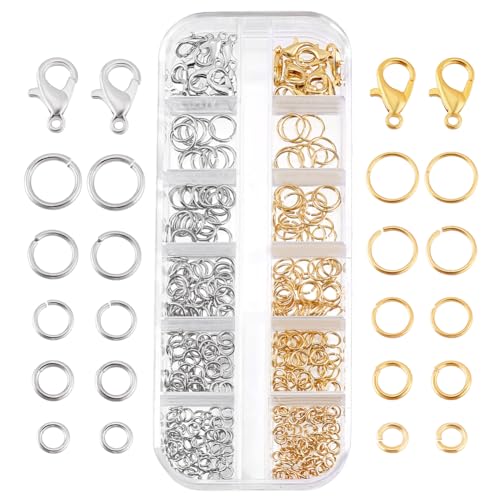PH PandaHall 320 Stück 18 Karat Vergoldete Messing Biegeringe Offene 4/5/6/7/8mm Biegeringe Mit 20 Stück 12mm Karabinerverschlüssen Zur Schmuckherstellung Und Halskettenreparatur von PH PandaHall