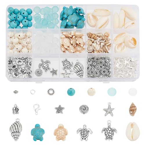 PH PandaHall 322pcs Strand-Schmuck machen Kit Türkis Schildkröte Perlen Seestern Schildkröte Charms Perlen Muschel Perlen Anhänger für Halskette, Ohrring, Armband, Fußkettchen, Schmuckherstellung von PH PandaHall