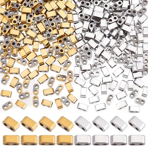 PH PandaHall 356 Stück Halbe Tila Perlen Flache Bastelperle Aus Synthetischem Hämatit 4.5x2x2.5 mm 2 Loch Perle Gefrostet Lose Distanzperle Für DIY Stapelbare Schmuckherstellung Golden/Platin von PH PandaHall