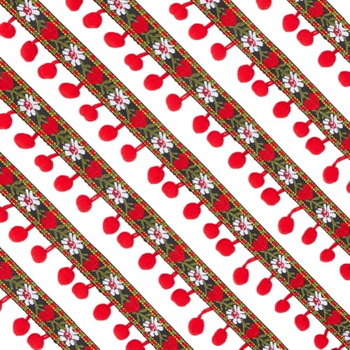 PH PandaHall 35mm Gebrocheltes Pompoms Borte Rot Pom Pom Borte Franse Tassel Spitze Borte Handwerksborte für DIY Kleid Party Kostüm Kleidung Vorhang Nähen Handwerke Weihnachtsdekoration, 4.6m von PH PandaHall
