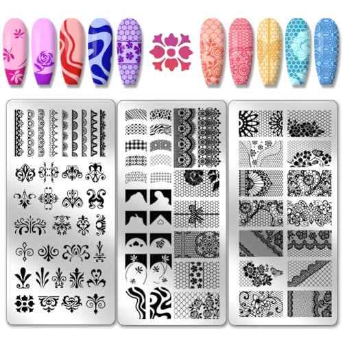 PH PandaHall 3pcs Französisch Spitze Muster Nagel Stempel Platte Flower Lace Nail Art Schablone Edelstahl Nagelbildplatte Lace Pattern Nail Art Stencils für Frauen DIY Druck 12x6 cm von PH PandaHall