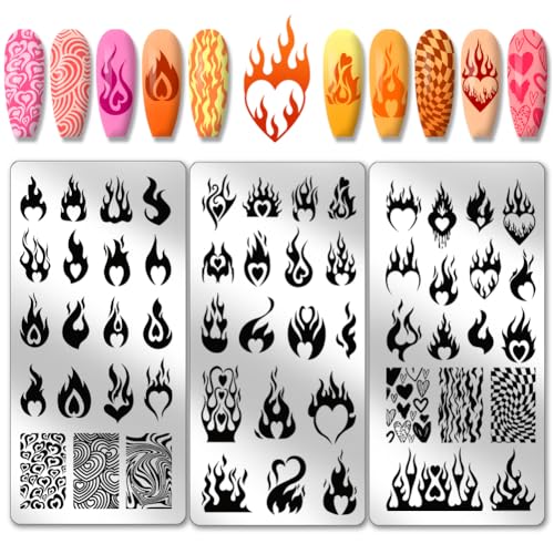 PH PandaHall 3pcs Liebe Flamme Nagel Kunst Stamping Platte, 54 Patterns Nail Art Stencils Feuer Herz Nagel Stempel Platte Nagelbildplatte aus Edelstahl für Valentinstag DIY Maniküre Salon Nageldesign von PH PandaHall