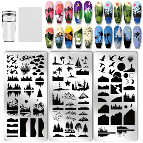PH PandaHall 3pcs Natur Nagel Stempel Schablonen Forest Nails Art Stencils Mountain Nail Art Schablonen Night Sky Print Nails Stencils mit Stamper und Scraper für Frauen DIY Maniküre Salon 12x6cm von PH PandaHall