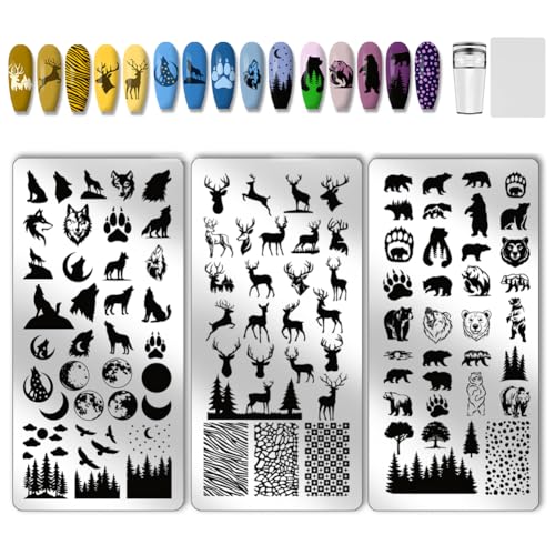 PH PandaHall 3pcs Wilde Tiere Nagel Stamping Plates Forest Nails Art Stencils Wolf Bear Nail Art Templates Deer Print Nails Stencils mit Stamper und Scrape für Frauen DIY Design Maniküre 12x6cm von PH PandaHall