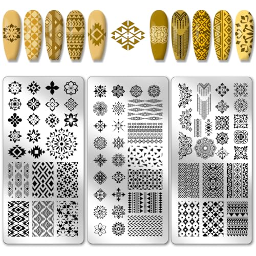 PH PandaHall 3pcs böhmischen Nagel Stamping-Platten Flower Nails Art Stencils Geometrische Textur Nail Art Schablonen Ethnische Styles Nails Design Stempelplatte für Frauen Design Maniküre von PH PandaHall