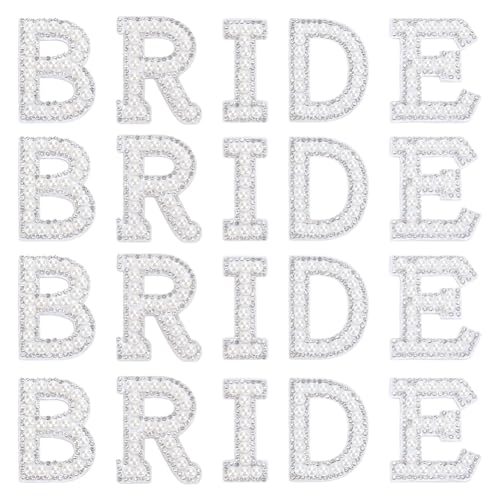 PH PandaHall 4 Sets Perle Brief Patches Bride Iron On Buchstaben Patches Weiße Perle Strass Buchstaben Patches BRIDE Buchstabenaufnäher Perlen-Buchstaben-Applikationen für Kleidung reparieren von PH PandaHall