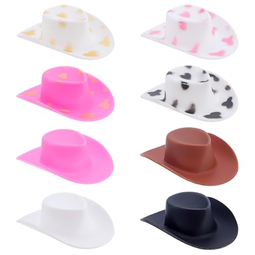 PH PandaHall 48 Stück Kleine westliche Cowboyhut-Ornamente für Bastelarbeiten, 8 verschiedene Modelle Miniaturhüte aus Kunststoff Dekorative Cowboyhüte für Western-Partygeschenke Flaschendekorationen von PH PandaHall
