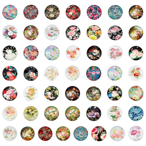 PH PandaHall 50 verschiedene Arten von Blumen-Glas-Cabochons Perlen 12 mm ovale Glas-Cabochons mit Blumenmuster Blumen-Cabochons Vintage-Mosaikfliesen für Foto-Anhänger Ohrringe Halsketten von PH PandaHall