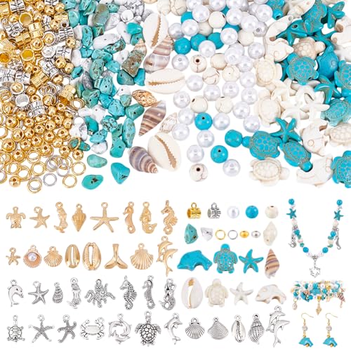 PH PandaHall 540 Stück Muschelperlen Schildkrötenperlen Sommer Schmuckherstellungsset Blaue Perlen Schildkröte Delfin Charms Für Surferarmband Halskette Schmuckherstellung von PH PandaHall