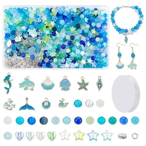 PH PandaHall 581PCS 8mm Ozean-Schmuck machen Kit, Blaue Glasperlen Meerestier Perlen Charms Meerjungfrau Charms Anhänger für Halskette Ohrring Armband Fußkettchen Schmuckherstellung Beading Kits Craft von PH PandaHall