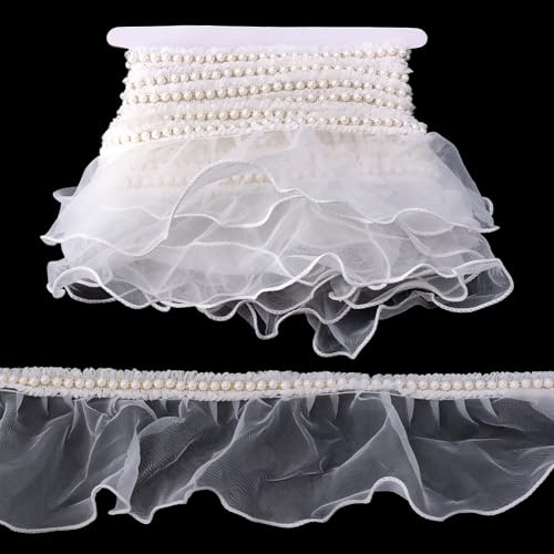 PH PandaHall 5m Weißer Organza Spitze Borte Perlfransen Rand Borte 8cm Breite Gebrätselte Transparente Stoffband Dekorative Fransen Spitze für Nähen Brautkleid Kostüm Handwerk Heimdekorationen von PH PandaHall