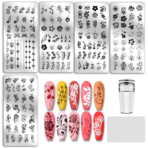 PH PandaHall 5pcs Blume Nagel Stamping Plates Rose Nails Art Stencils Wirbel Muster Nail Art Schablonen Schmetterlinge Naisl Design Stempelplatte mit Stamper und Schaber für Frauen DIY Druck Maniküre von PH PandaHall