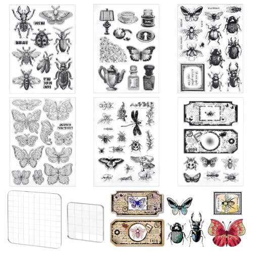 PH PandaHall 6 Blätter Insekt Klarer Stempel, Vintage Käfer Schmetterlinge Silikonstempel Gummistempel mit 2 Stück Acryl-Stempelblöcken für Kartenherstellung, Scrapbooking PH PandaHall 6 Blätter Insekt Klarer Stempel, Vintage Käfer Schmetterlinge Silikonstempel Gummistempel mit 2 Stück Acryl-Stempelblöcken für Kartenherstellung, Scrapbooking von PH PandaHall