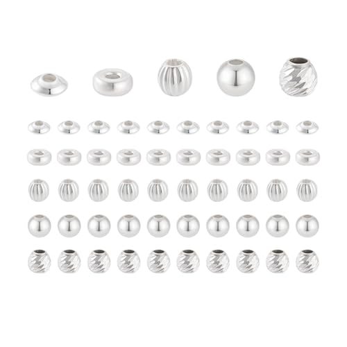 PH PandaHall 60 Stück 5 Stile 925 Sterling Silberperlen Runde Rondell Abstandshalterperlen Armbandperle Silber Bastelperle Für Halsketten Schmuckherstellung 4~4.5mm von PH PandaHall