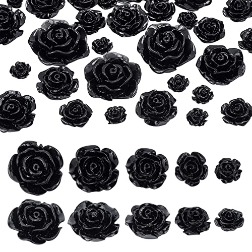 PH PandaHall 60 Stück Harz-Rosenperlen, 5 Größen, schwarze Rosen-Cabochons, flache Rückseite, Blumen-Harzperlen ohne Loch, Schmuckherstellung, Heimdekoration von PH PandaHall