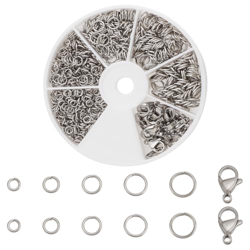 PH PandaHall 640 Stück 304 Biegeringe Aus Edelstahl Mit 20 Stück 12x7.5 mm Karabinerverschlüssen 4/5/6/7/8 mm Offene Biegeringe Schmuckverschlüsse Für Ohrringe Armbänder Halsketten von PH PandaHall