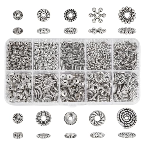 PH PandaHall 670 Stück Antikes Silber Abstandshalterperlen 10 Stile Tibetische Metallperlen Blumen Flache Runde Abstandshalter für Armband Halskette Ohrringe Schmuckherstellung DIY Basteln 5-10mm PH PandaHall 670 Stück Antikes Silber Abstandshalterperlen 10 Stile Tibetische Metallperlen Blumen Flache Runde Abstandshalter für Armband Halskette Ohrringe Schmuckherstellung DIY Basteln 5-10mm von PH PandaHall