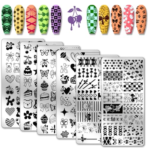 PH PandaHall 6pcs Bögen Herzen Nagel Stamping Plates Cute Bears Nails Art Stencils Kuchen Nail Art Templates Schmetterling Print Nails Stencils Cherry Nail Image Plates für Frauen Maniküre 12x6cm von PH PandaHall