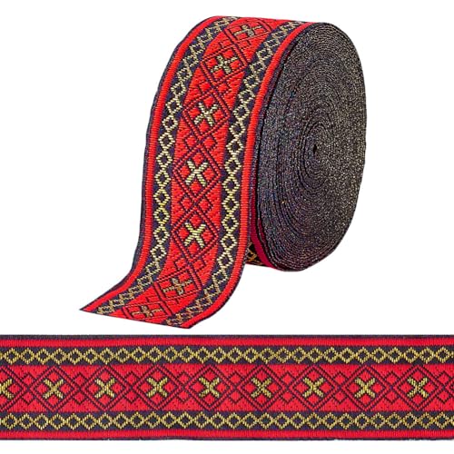 PH PandaHall 7,66 Yards / 7m Jacquardband Geometrisches Gewebtes Band Ethnisches Band, 3,3cm Rotes Besticktes Band für Nähen, handgemachte Taschen, Kleidungs und Geschenkverpackungen von PH PandaHall