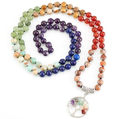 PH PandaHall 7 Chakra 108 Mala Perlen Halskette 8mm Dicke Perlenwickelarmband Halskette Lange Halskette Mit Baum Des Lebensanhänger Anhänger Aus Natursteinen Und Runder Perlenkette von PH PandaHall