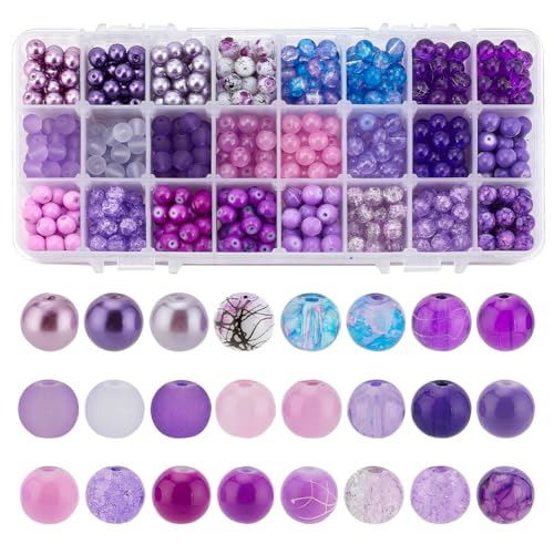 PH PandaHall 720 Stück 8 mm lila Glasperlen, 24 Farben, runde Armband-Abstandshalter, lose Kristallperlen, Bastelperlen, Bulk für Freundschaftsarmbänder, Schmuckherstellung, Weihnachtsbaumschmuck von PH PandaHall