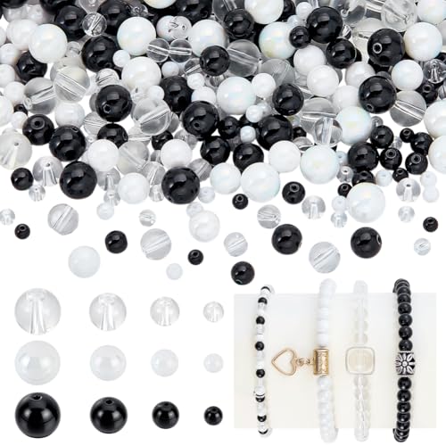 PH PandaHall 765 Stück schwarz-weiße runde Glasperlen 4/6/8/10 mm, Bastelperlen für Armbänder, Halsketten, Schmuckherstellung, verschiedene Gothic-Perlen, Großpackung für Punk-Stil, Halloween von PH PandaHall