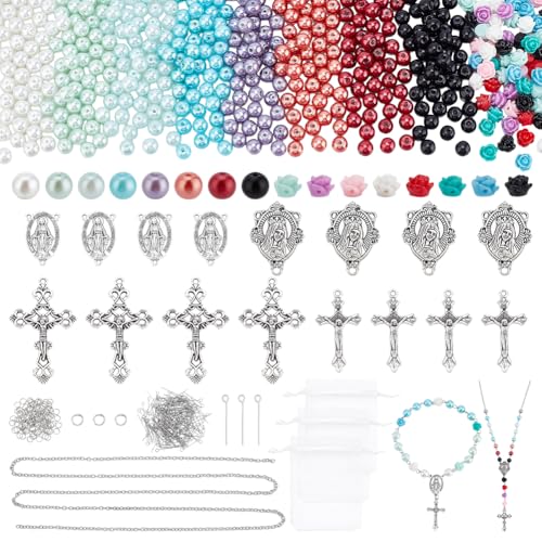 PH PandaHall 767pcs Rosenkranz Kreuz Schmuck machen Kit, 8mm Glasperlen Kreuz Charms Blume Kunstharz Perlen Gebetshalskette Zubehör für Rosenkranz Armband Halskette Damen Kommunion Taufe Osterschmuck von PH PandaHall