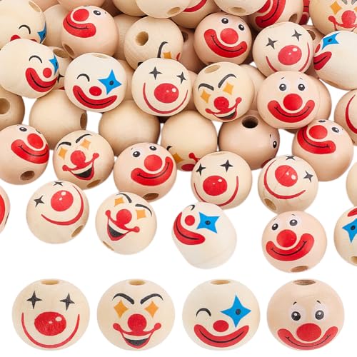 PH PandaHall 80pcs 20mm Clown Holzperlen 4 Styles natürliche Holzperlen Kopf Perlen Lächelnde Gesicht Perlen Runde Lose Perlen für DIY Kunsthandwerk, Schmuckherstellung, Loch 5,5 mm von PH PandaHall