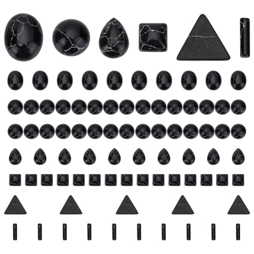 PH PandaHall 80pcs Stein Cabochons 6 Styles Synthetischer Türkis Cabochons Schwarz Textur Edelstein Kacheln Quadratische Teardrop Oval Perlen Flach Runde Cabochon Fliesen für Halskette Ohrring von PH PandaHall